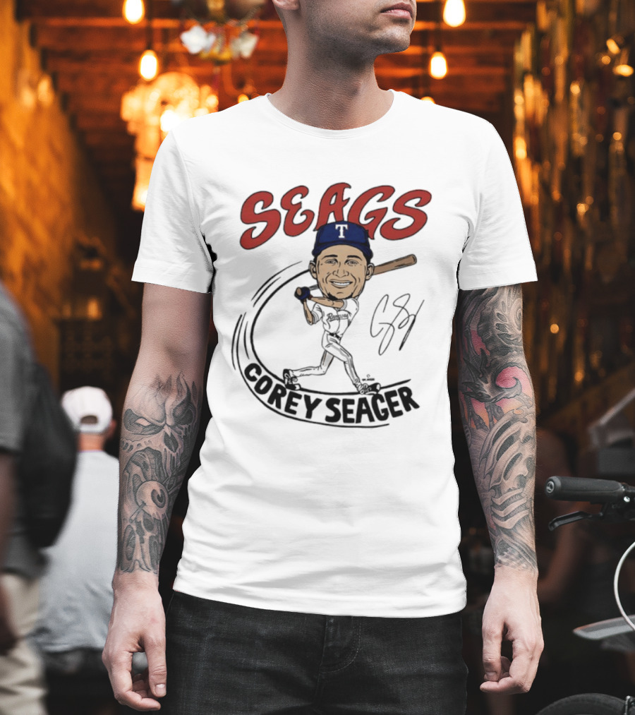 Seags Corey Seager Texas Rangers Slugger Swing Caricature T-Shirt
