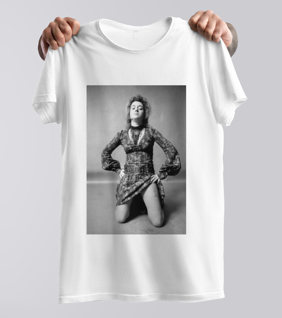 Valie Export Iconic Performance Tribute Kneeling Image With Patterned Dress And Belt T-Shirt
