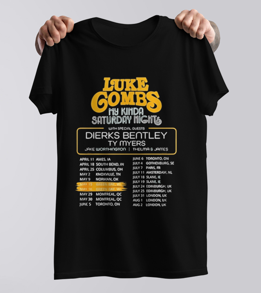 Luke Combs My Kinda Saturday Night Tour 2026 Green Bay Featuring Dierks Bentley T-Shirt