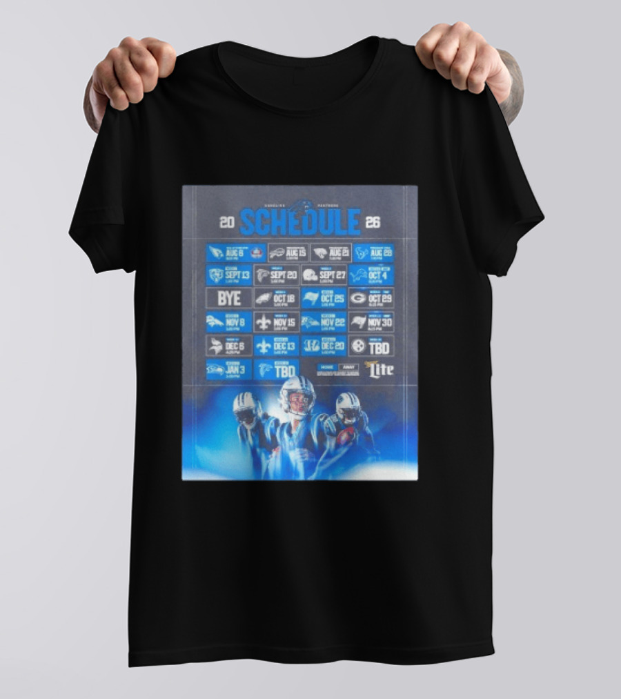 Carolina Panthers 2026 Game Schedule With Player Imagery And Opponent Logos T-Shirt