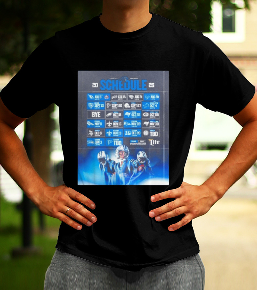 Carolina Panthers 2026 Game Schedule With Player Imagery And Opponent Logos T-Shirt