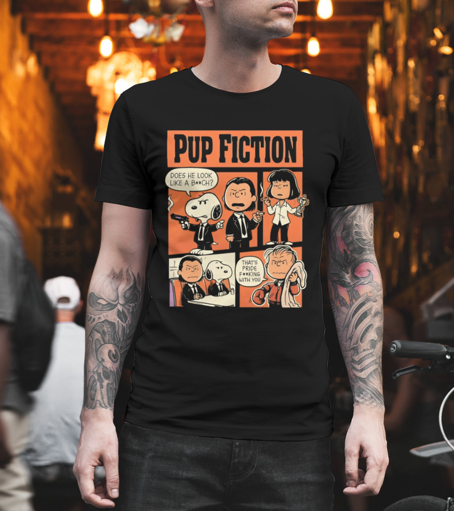 Pup Fiction Peanuts And Pulp Fiction Characters Mashup T-Shirt