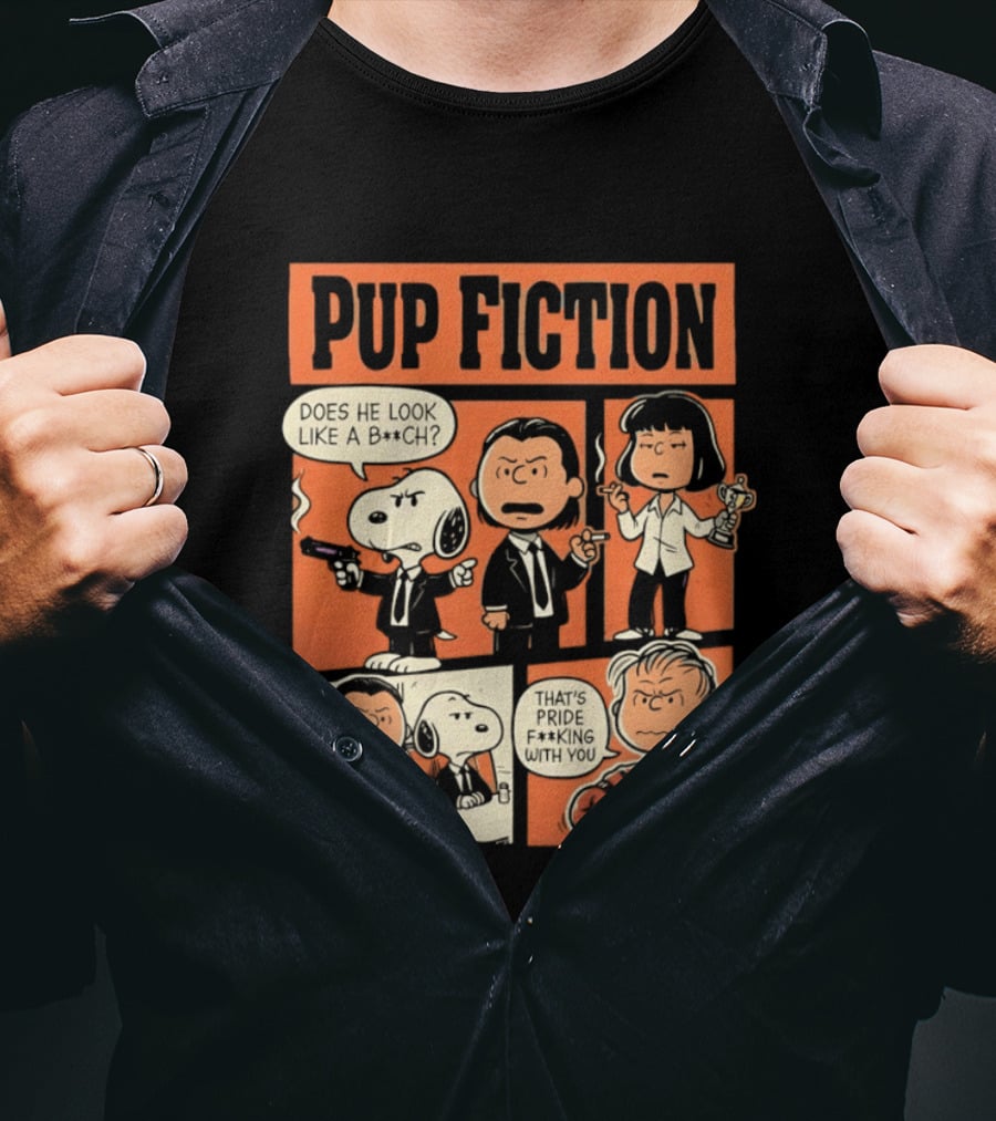 Pup Fiction Peanuts And Pulp Fiction Characters Mashup T-Shirt