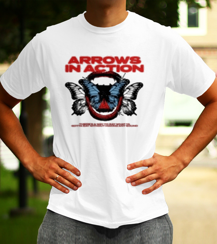 Arrows In Action Red Text Blue Butterfly T-Shirt