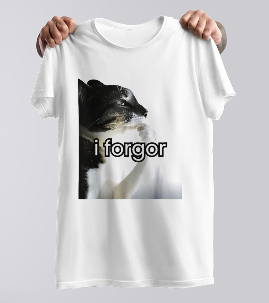 Cat I Forgor Meme Digital Image Paw Licking Pensive Moment T-Shirt