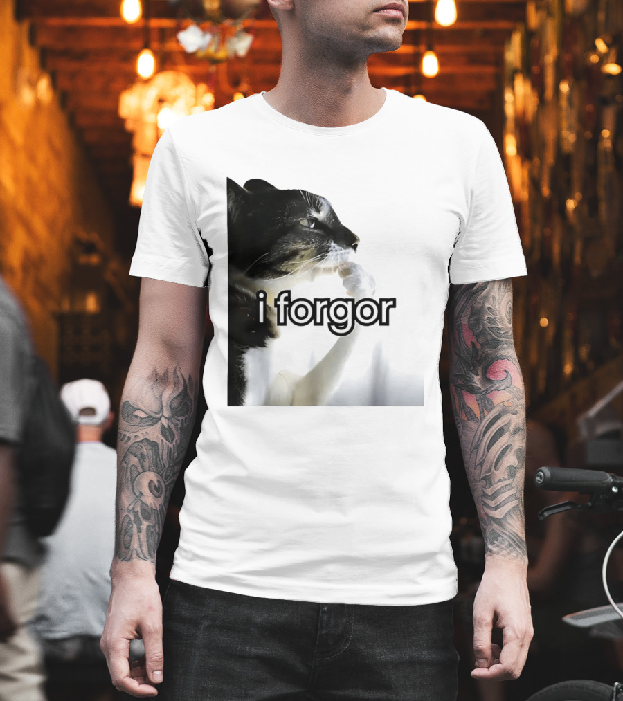 Cat I Forgor Meme Digital Image Paw Licking Pensive Moment T-Shirt