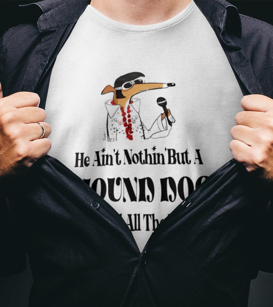 He Ain't Nothin' But A Hound Dog Retired All The Time Funny Dog In Sunglasses Holding Microphone T-Shirt