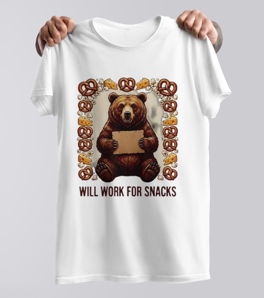 Bear Holding Cardboard Surrounded By Pretzels Cheese Popcorn Will Work For Snacks T-Shirt