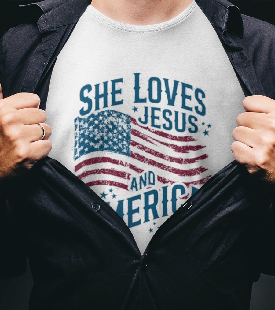 She Loves Jesus And America Too Patriotic Flag Stars T-Shirt