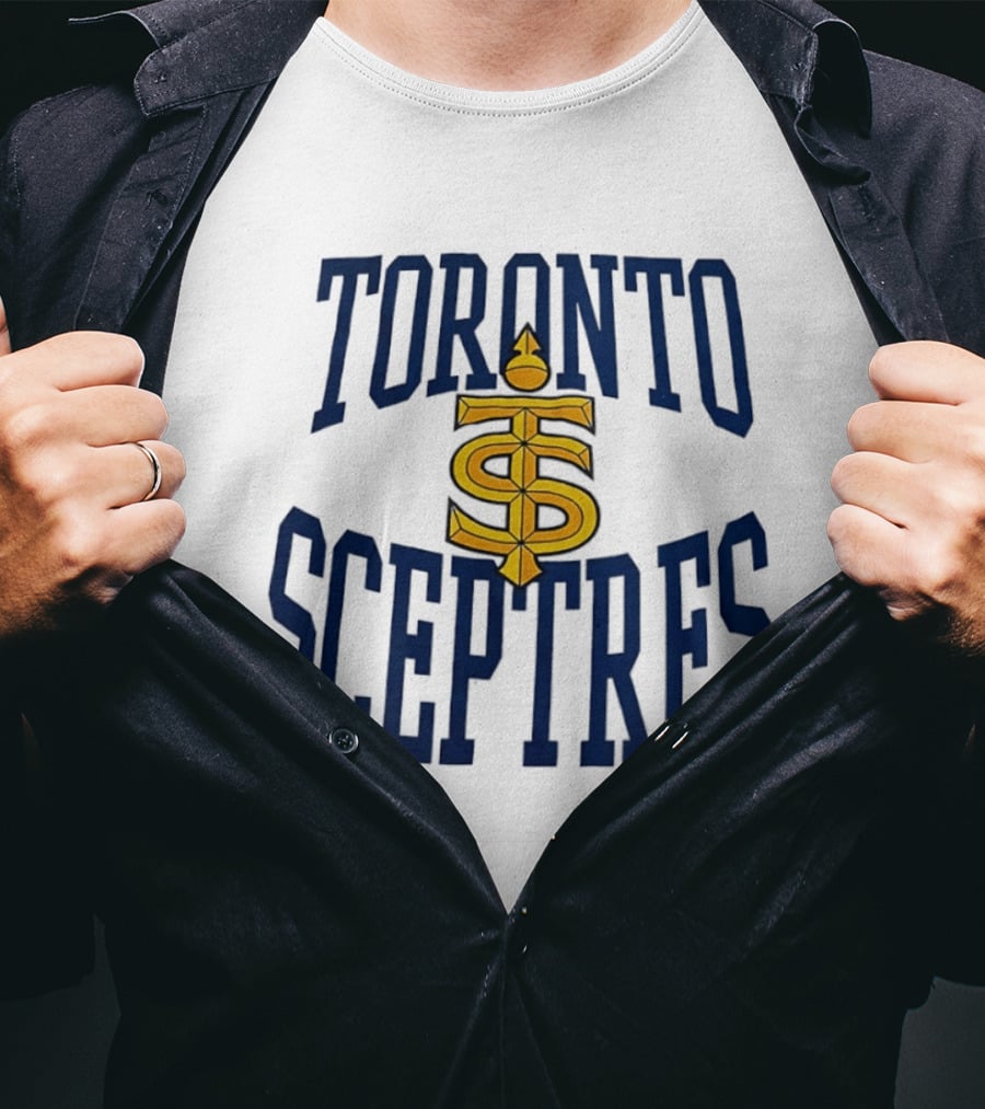 Toronto Sceptres Sports Team Logo Icon With Gold Emblem And Blue T-Shirt