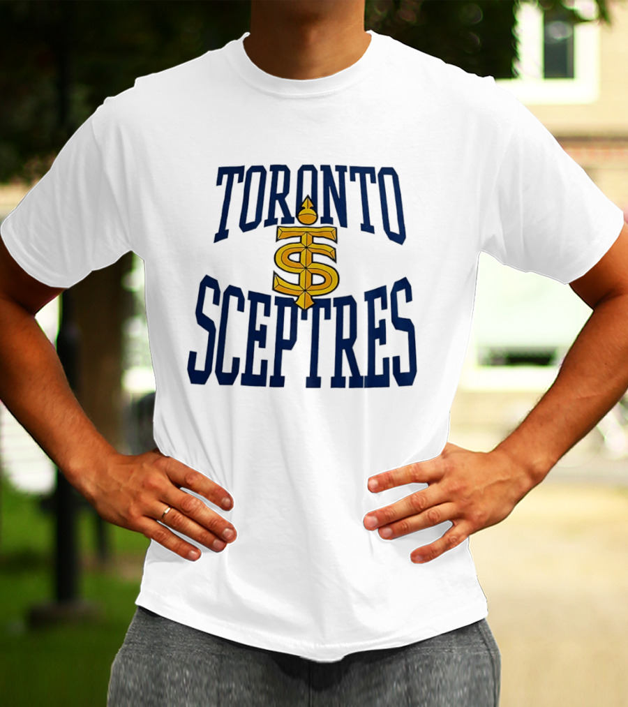 Toronto Sceptres Sports Team Logo Icon With Gold Emblem And Blue T-Shirt