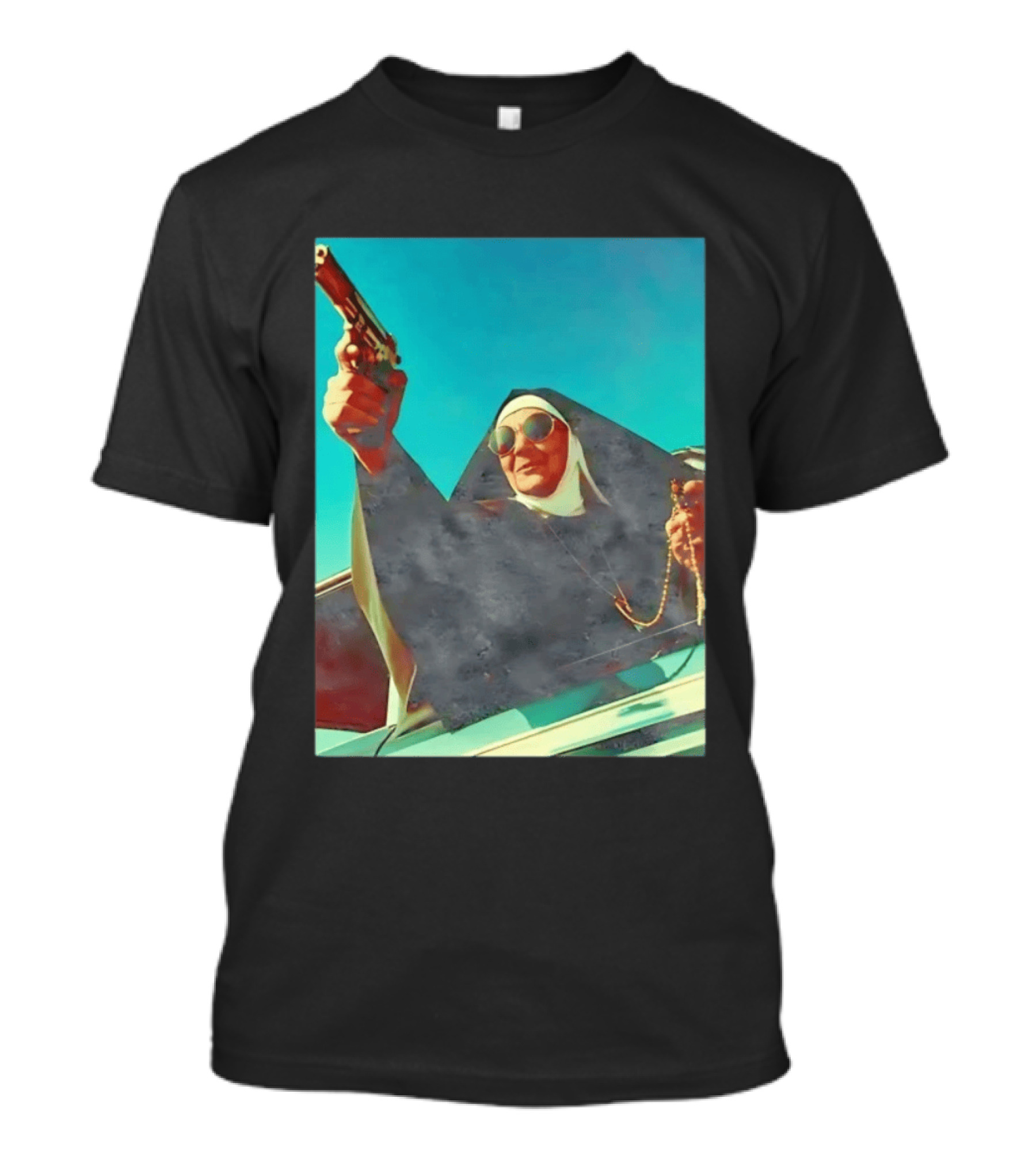 Nun In Black Habit Leaning Out Lowrider With Gun And Rosary T-Shirt