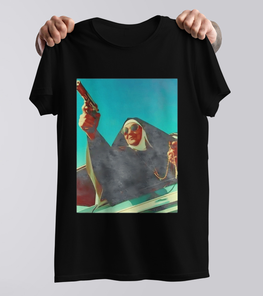 Nun In Black Habit Leaning Out Lowrider With Gun And Rosary T-Shirt