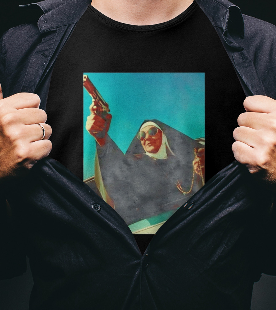 Nun In Black Habit Leaning Out Lowrider With Gun And Rosary T-Shirt