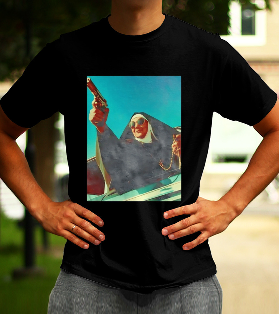 Nun In Black Habit Leaning Out Lowrider With Gun And Rosary T-Shirt