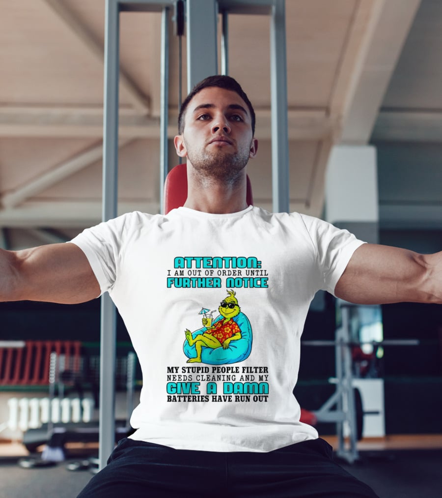 Attention I Am Out Of Order Until Further Notice My Stupid People Filter Green Grinch Give A Damn Batteries Have Run Out T-Shirt