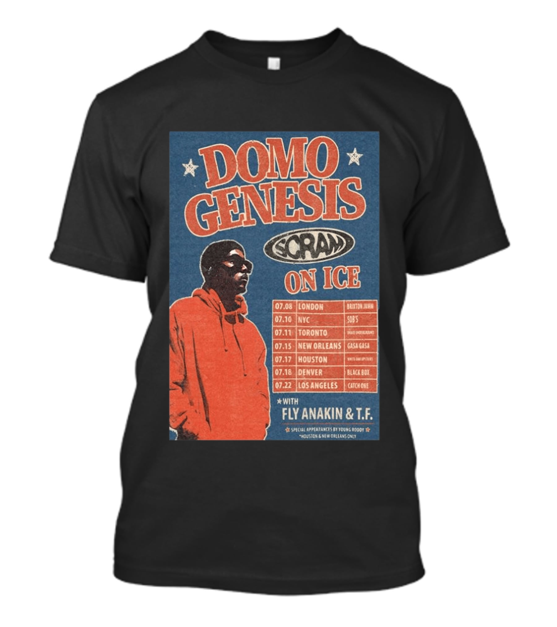 Domo Genesis Scram On Ice World Tour 2026 With Fly Anakin And T.F. London NYC Toronto New Orleans Houston Denver Los Angeles T-Shirt