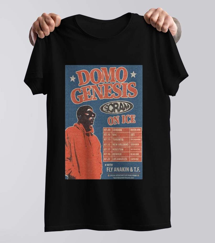 Domo Genesis Scram On Ice World Tour 2026 With Fly Anakin And T.F. London NYC Toronto New Orleans Houston Denver Los Angeles T-Shirt