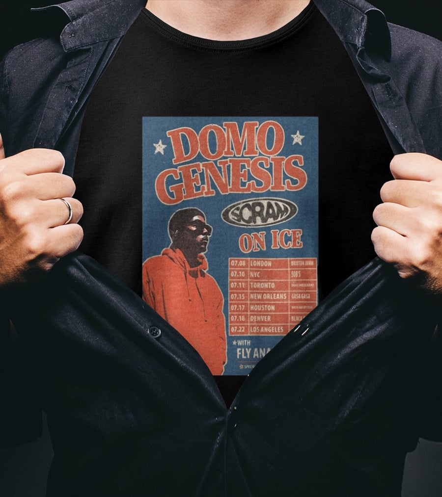 Domo Genesis Scram On Ice World Tour 2026 With Fly Anakin And T.F. London NYC Toronto New Orleans Houston Denver Los Angeles T-Shirt