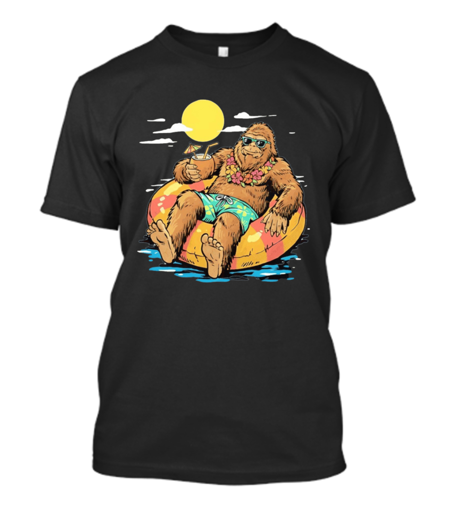 Bigfoot Lounging With A Cocktail In Tropical Beach Getaway Scene T-Shirt