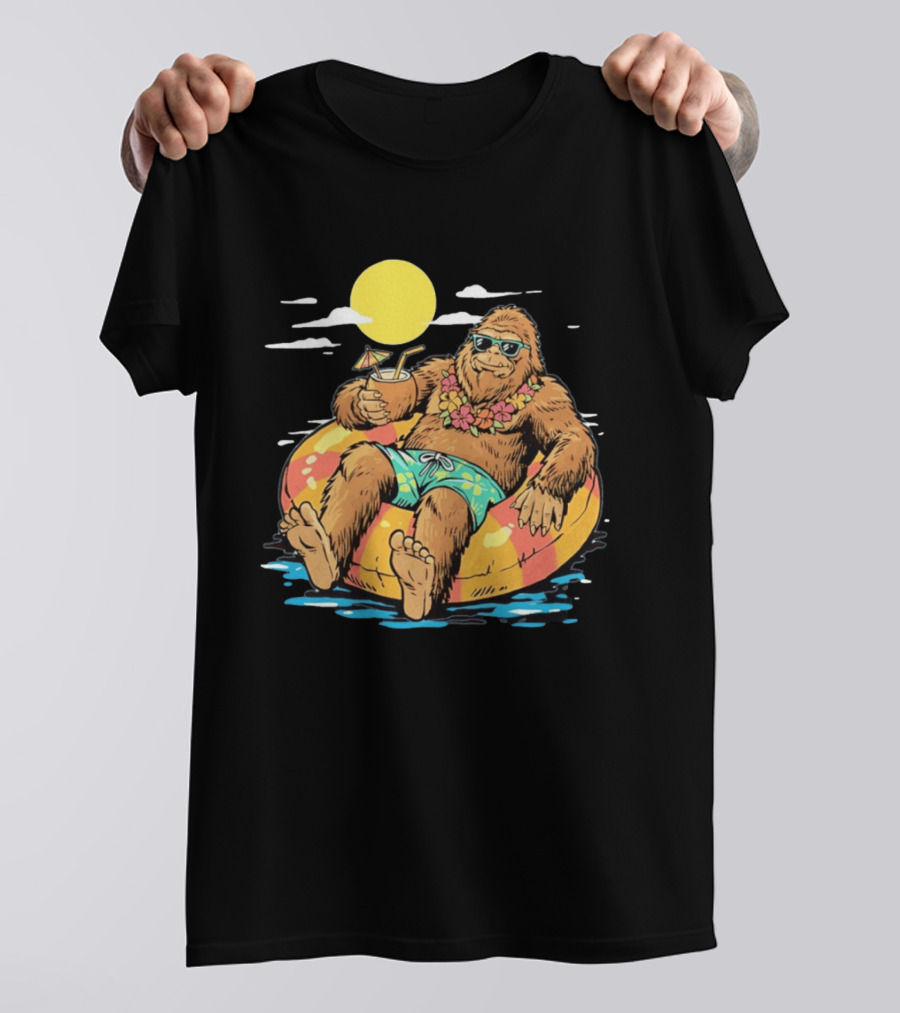 Bigfoot Lounging With A Cocktail In Tropical Beach Getaway Scene T-Shirt