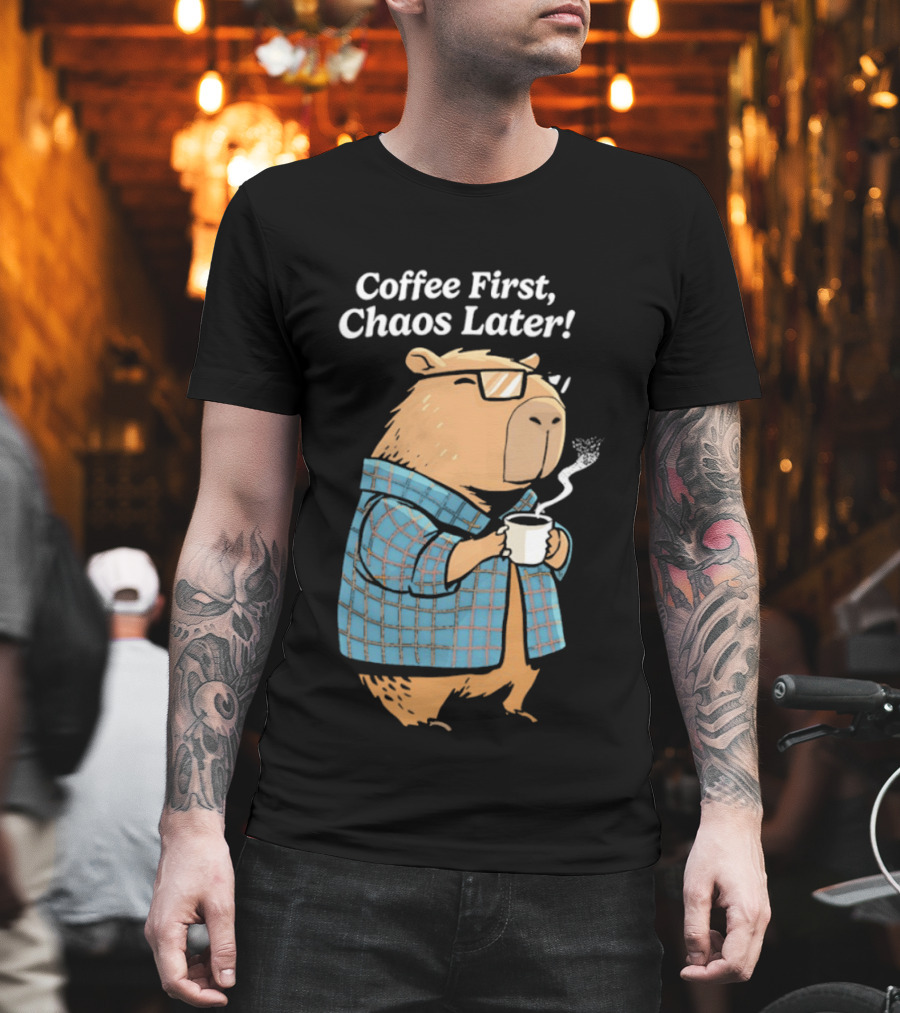 Coffee First Chaos Later Capybara In Plaid With T-Shirt