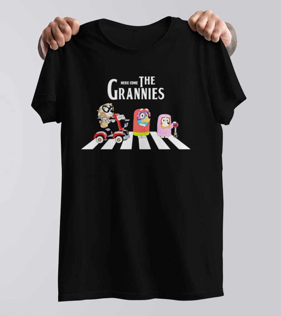Here Come The Grannies Funny Cartoon Characters On Crosswalk With Electric Scooter T-Shirt