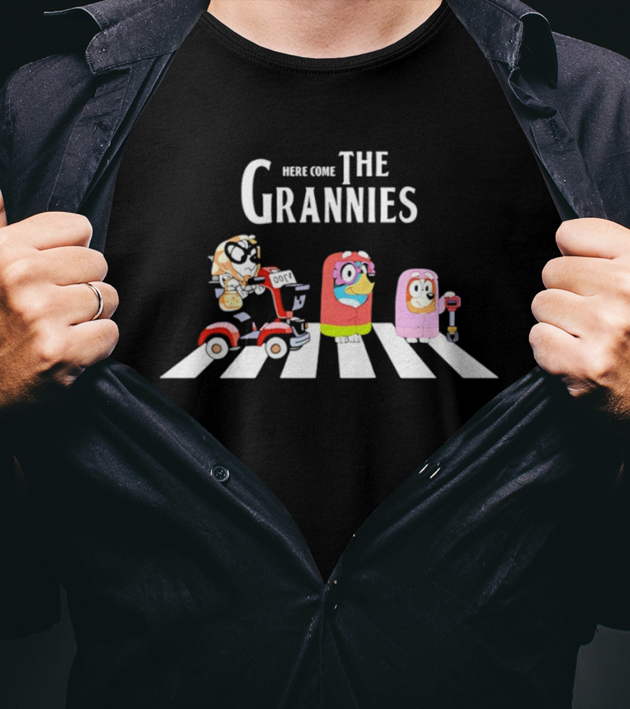 Here Come The Grannies Funny Cartoon Characters On Crosswalk With Electric Scooter T-Shirt