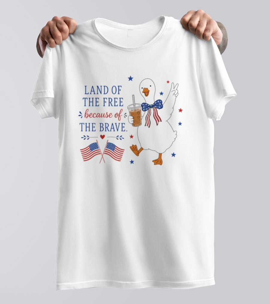 Land Of The Free Because Of The Brave Duck With Flags And Bubble Tea T-Shirt