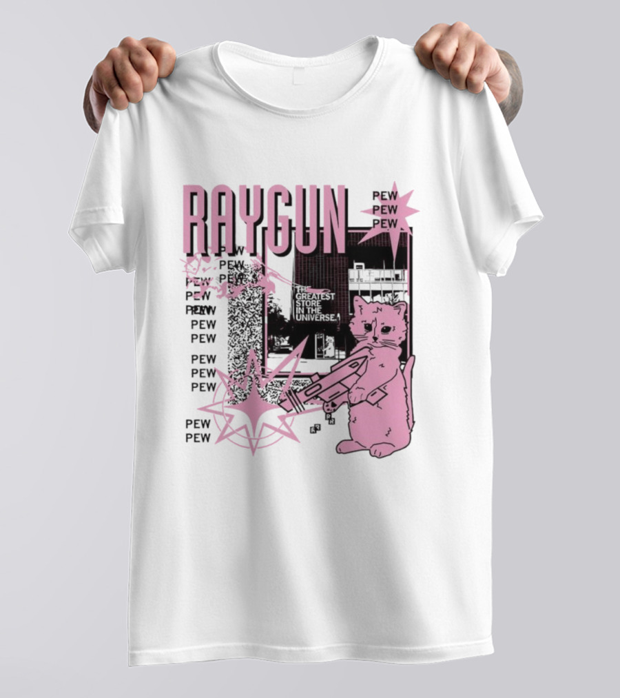 RAYGUN Cat Pew Pew Sci Fi Retro Feline Blaster Adventure T-Shirt