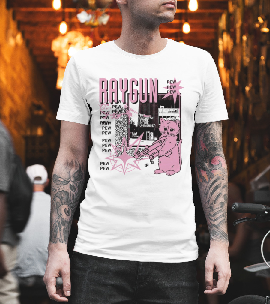 RAYGUN Cat Pew Pew Sci Fi Retro Feline Blaster Adventure T-Shirt