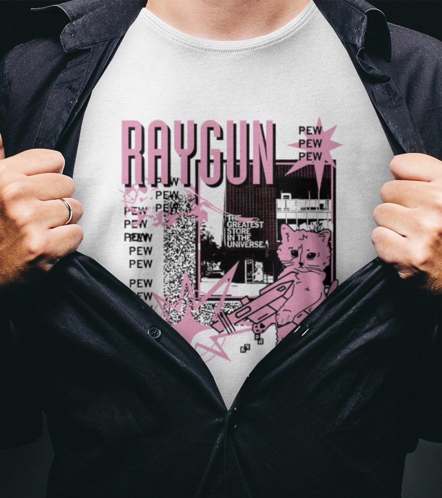 RAYGUN Cat Pew Pew Sci Fi Retro Feline Blaster Adventure T-Shirt