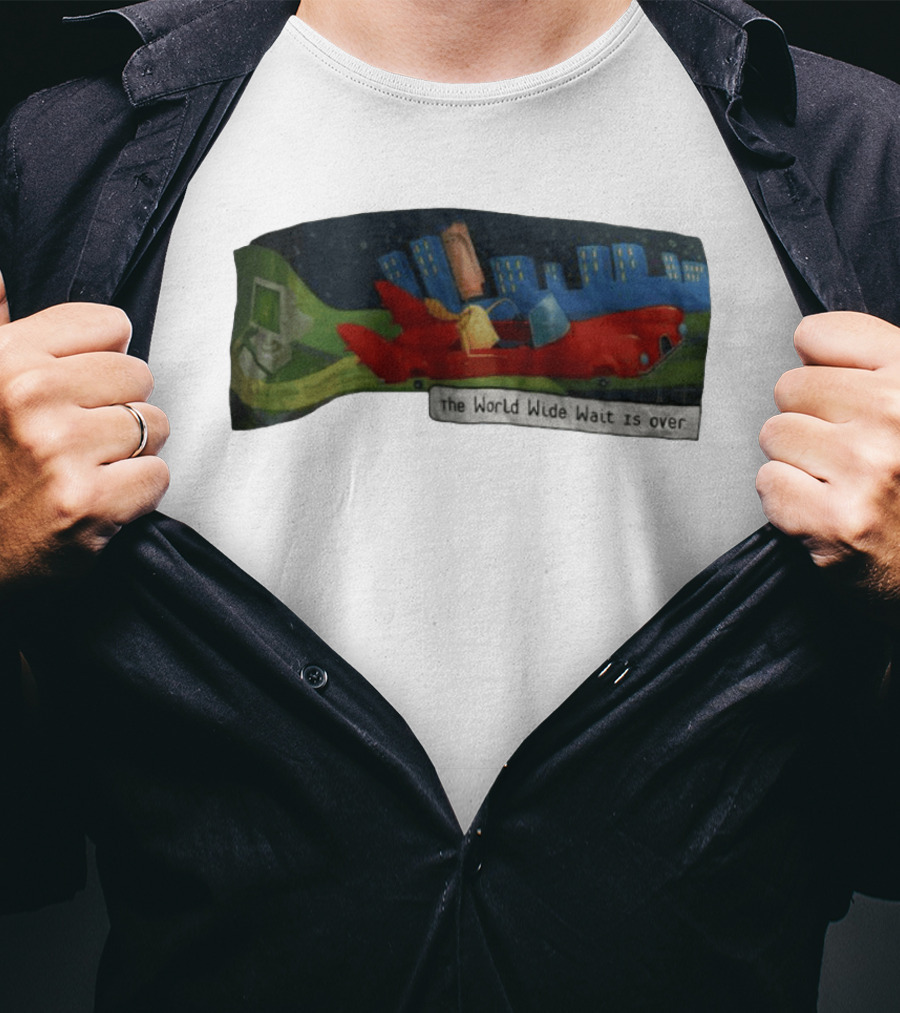 The World Wide Wait Is Over Red Car Cityscape Adventure T-Shirt