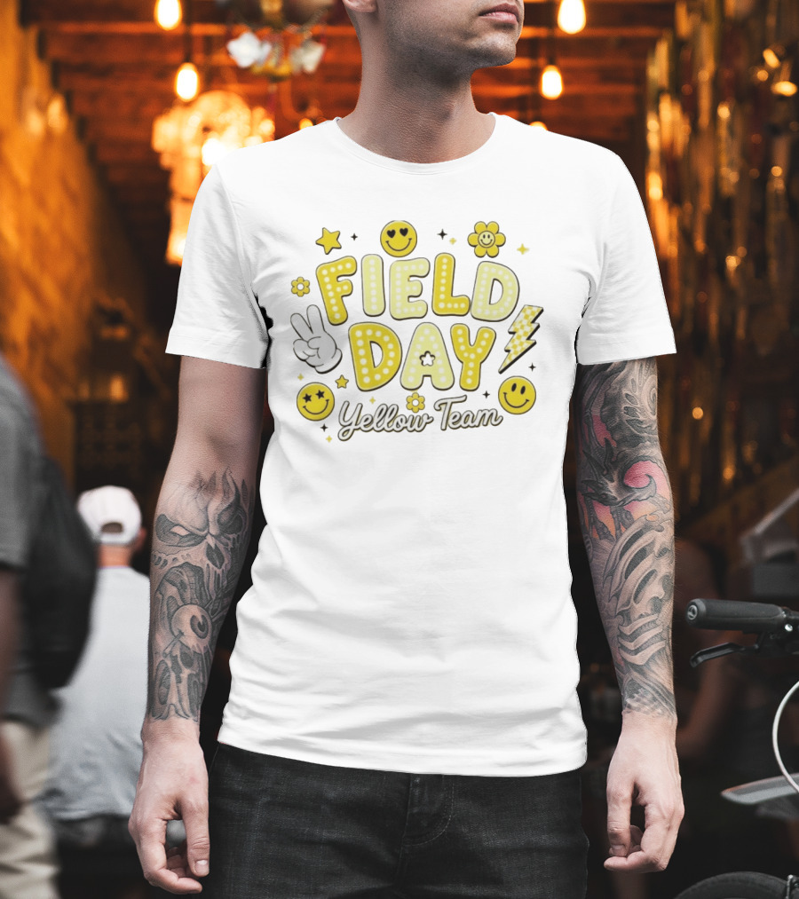 Field Day Yellow Team Smiley Faces Peace Sign Stars And Lightning Bolt T-Shirt
