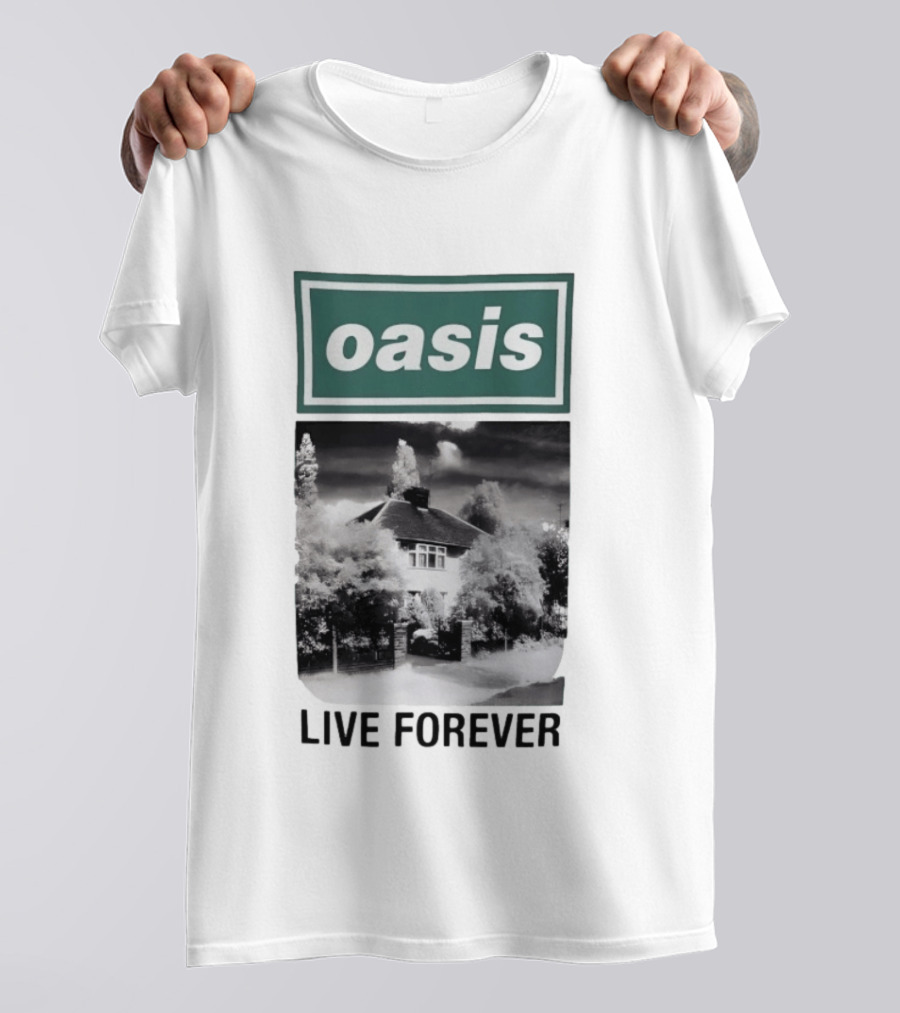 Oasis Live Forever Black And White House Image T-Shirt