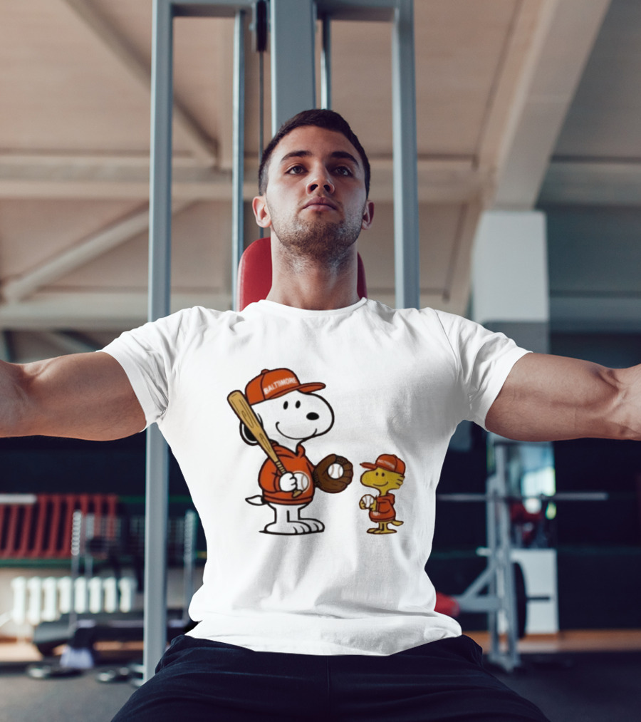Snoopy Woodstock Baseball Baltimore Orioles Fan Gear T-Shirt