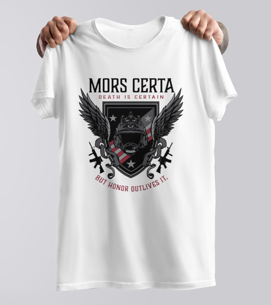 Mors Certa Death Is Certain But Honor Outlives It Winged Helmet Warrior's Legacy T-Shirt