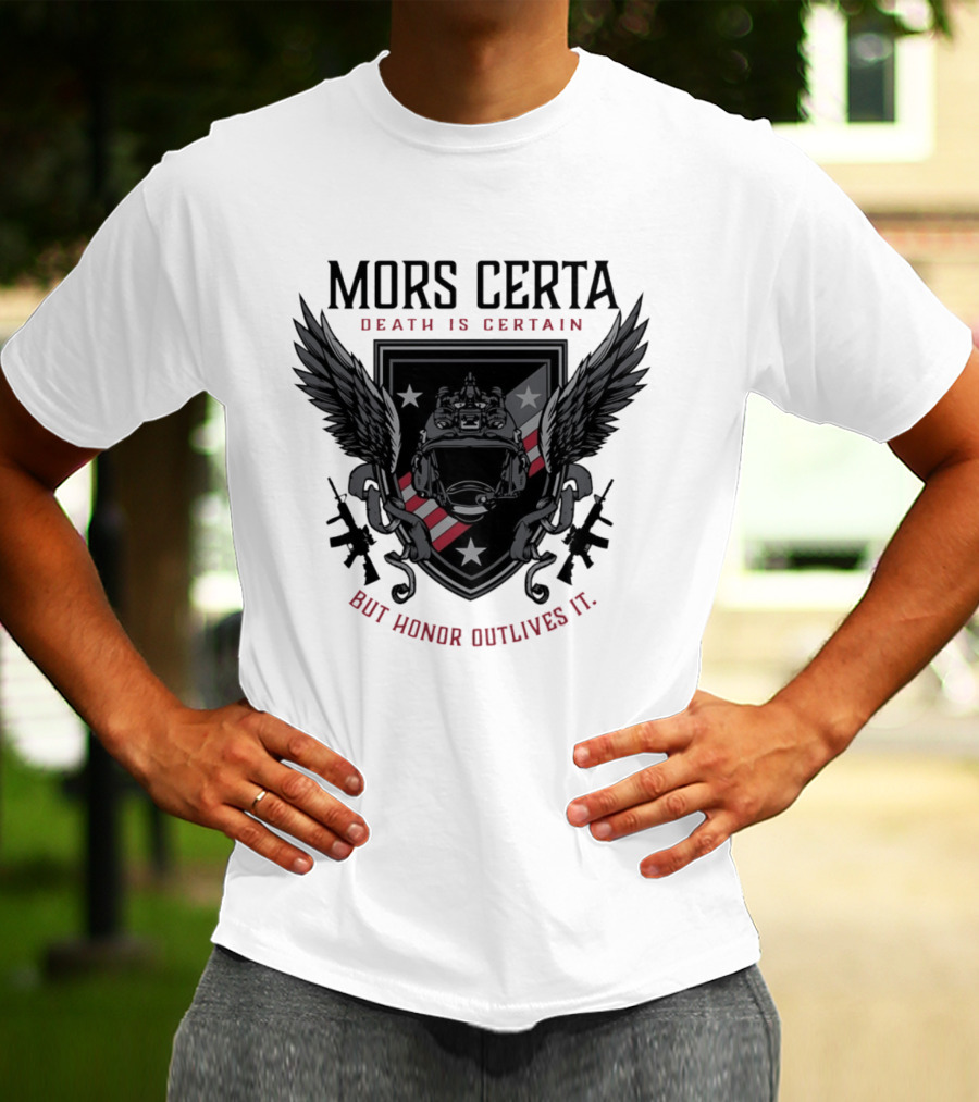 Mors Certa Death Is Certain But Honor Outlives It Winged Helmet Warrior's Legacy T-Shirt