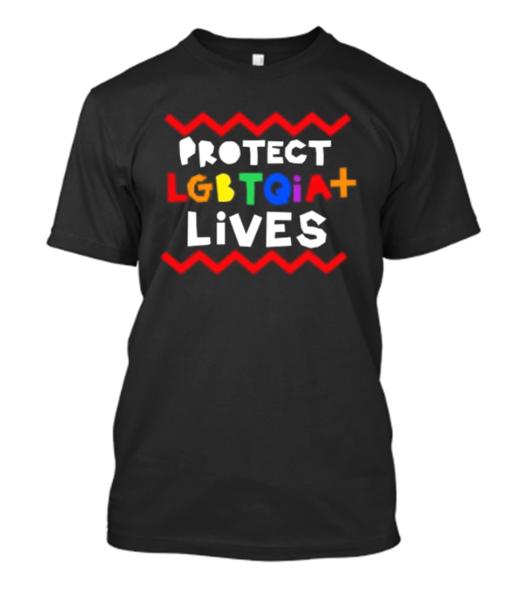 Protect LGBTQIA+ Lives Rainbow Letters With Red Zigzag Lines T-Shirt