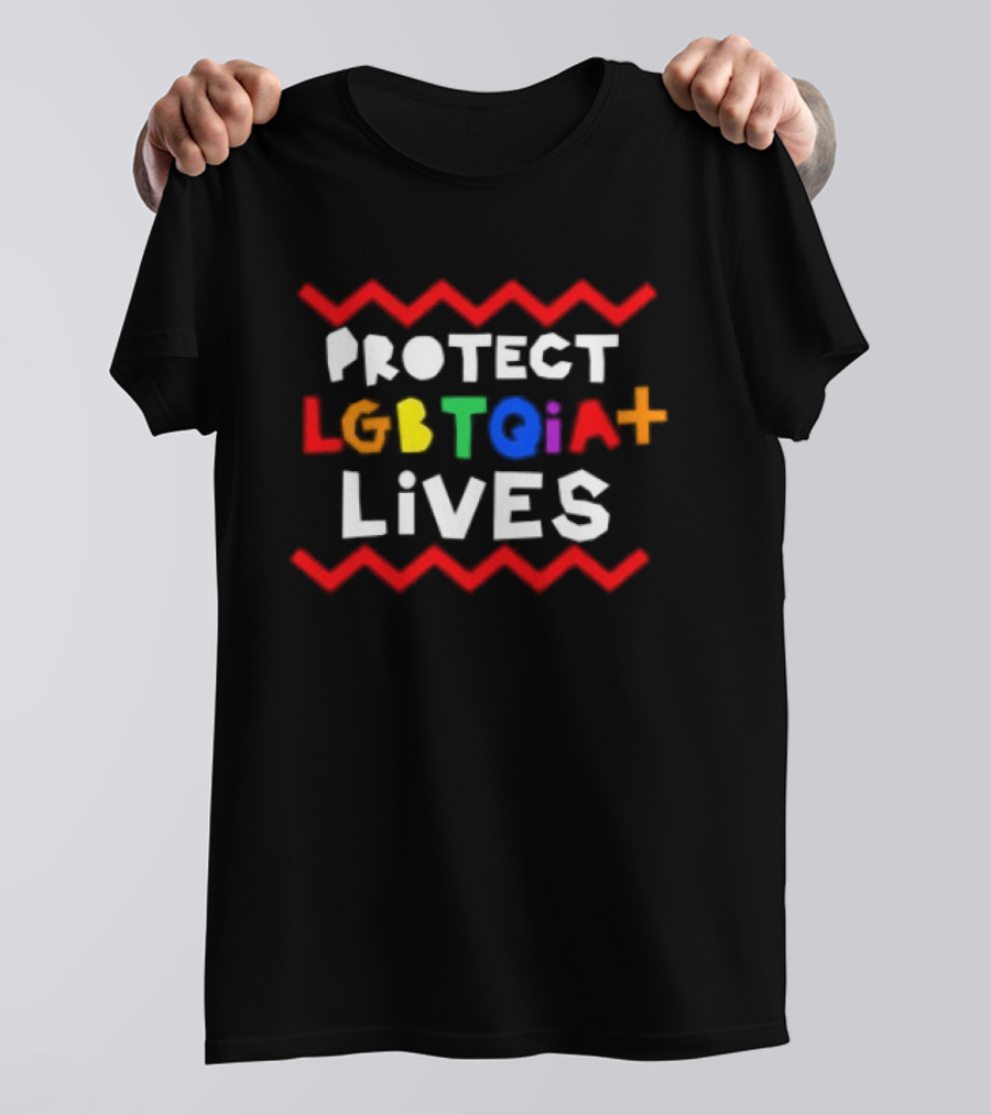 Protect LGBTQIA+ Lives Rainbow Letters With Red Zigzag Lines T-Shirt