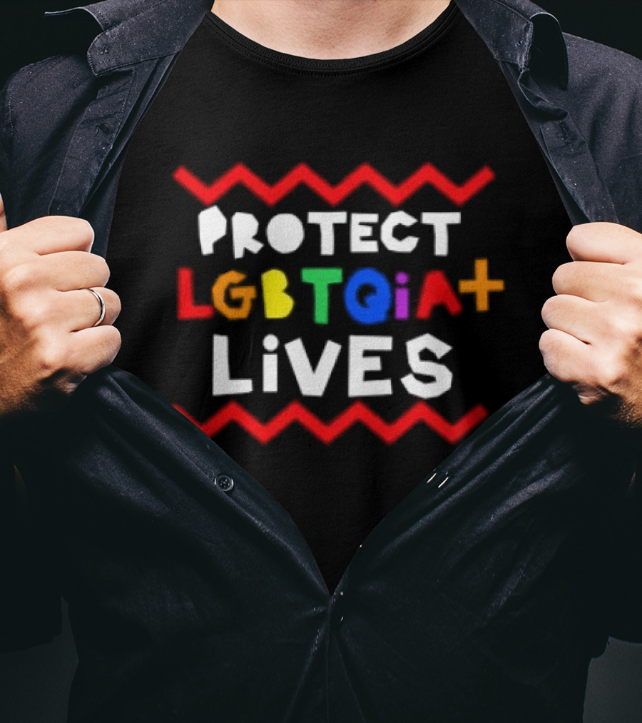 Protect LGBTQIA+ Lives Rainbow Letters With Red Zigzag Lines T-Shirt