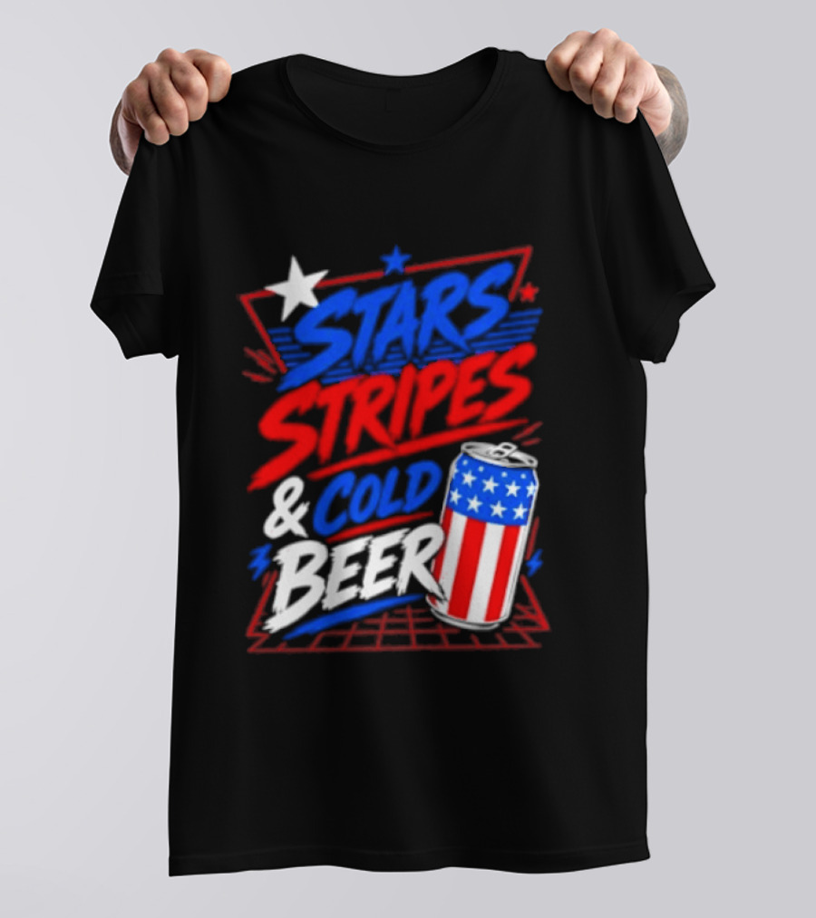 Stars Stripes And Cold Beer American Flag Can Patriotic Celebration T-Shirt