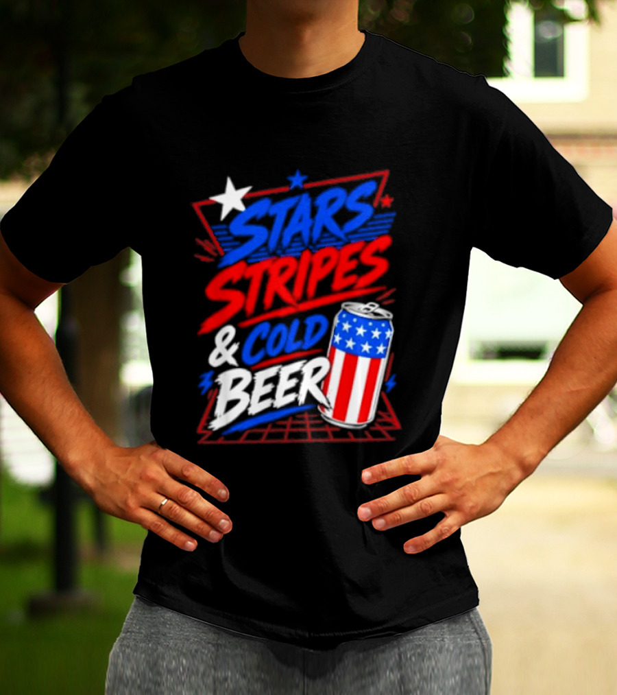 Stars Stripes And Cold Beer American Flag Can Patriotic Celebration T-Shirt
