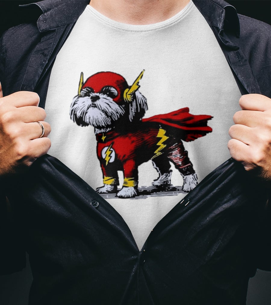 Shih Tzu Dog In The Flash Superhero Costume With Lightning Bolt T-Shirt