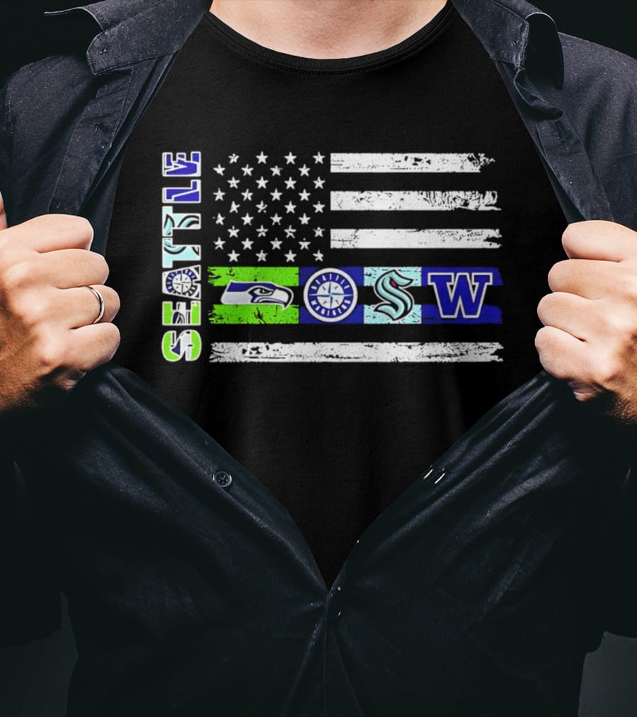 Seattle Seahawks Mariners Kraken Washington Flag T-Shirt