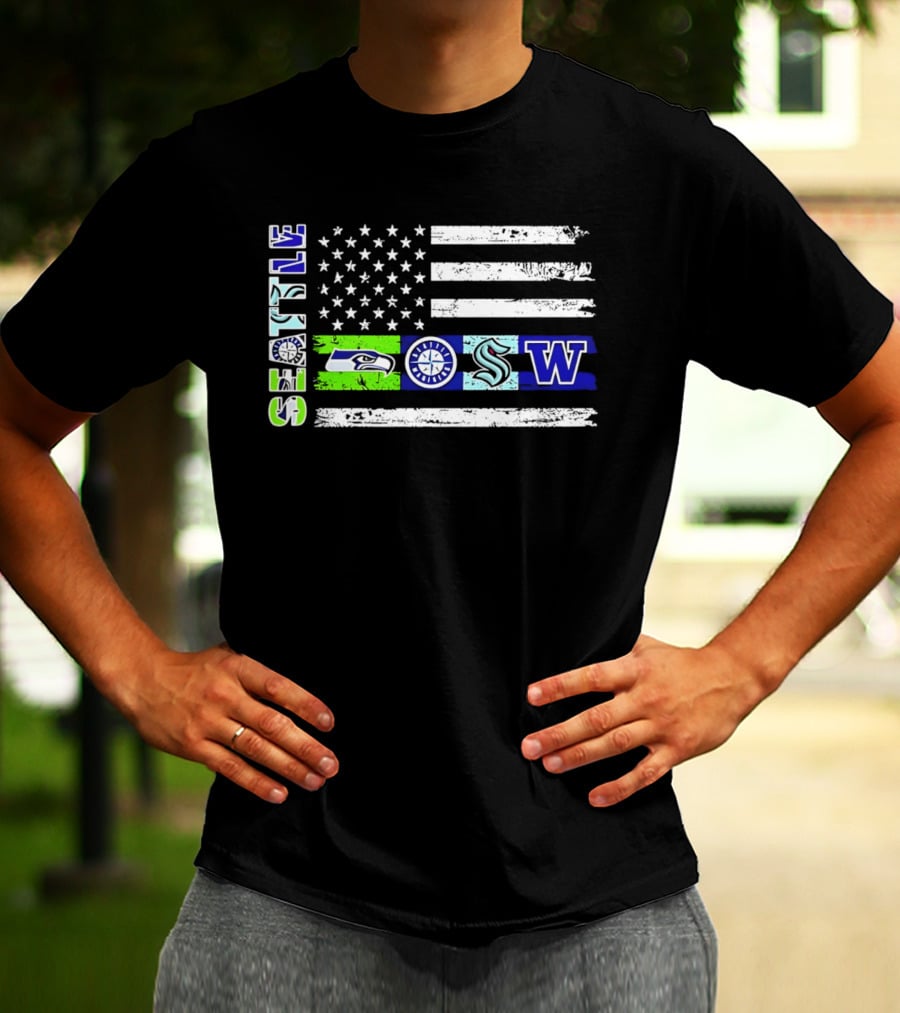 Seattle Seahawks Mariners Kraken Washington Flag T-Shirt