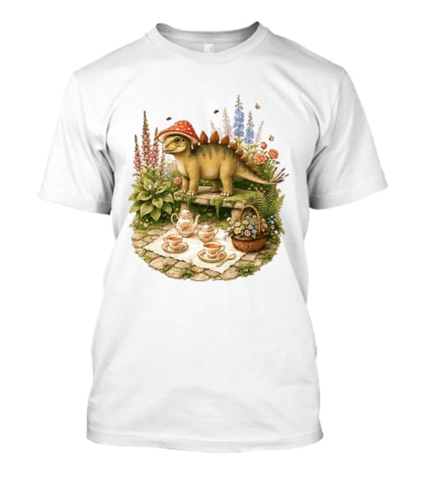 Baby Stegosaurus Wearing Red Mushroom Hat With Vintage Tea Party Garden Scene T-Shirt