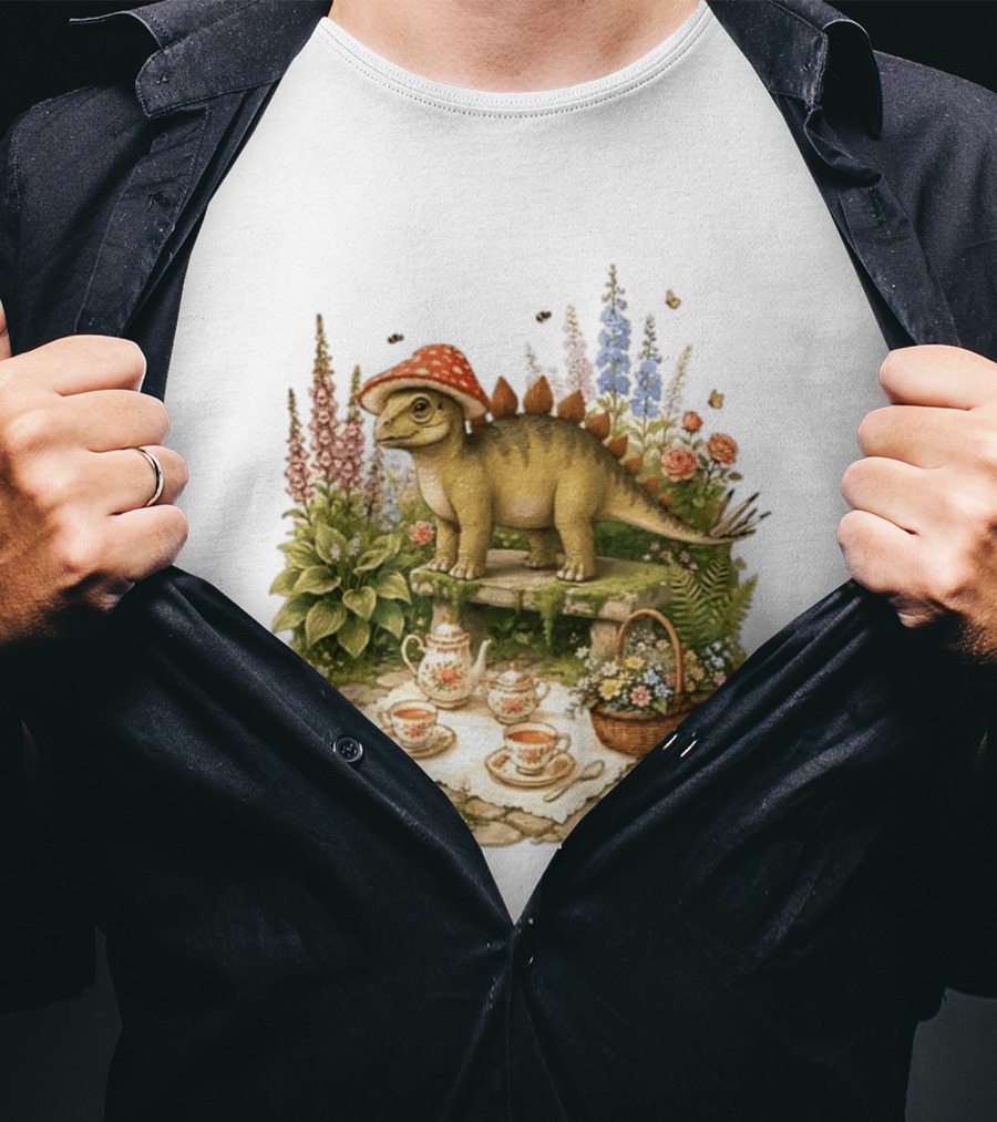 Baby Stegosaurus Wearing Red Mushroom Hat With Vintage Tea Party Garden Scene T-Shirt