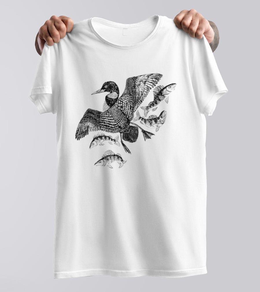 Common Loon And Fish Nature Scene Black T-Shirt
