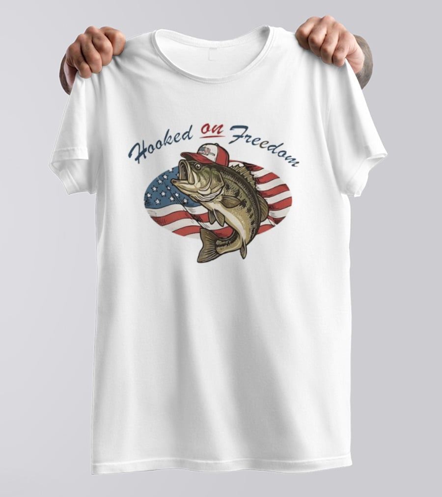 Hooked On Freedom American Flag 1776 250th Anniversary Bass Fish USA Hat Stars And Stripes T-Shirt
